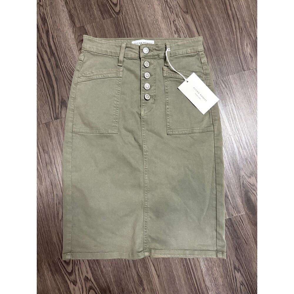 Flying Monkey NWT Knee Length Button Fly Olive Green Denim Skirt